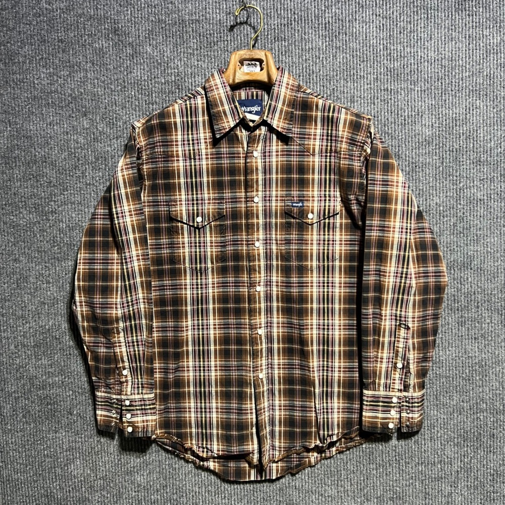 Wrangler Western Pearl Snap Shirt Mens Medium Brown Plaid Long Sleeve Western